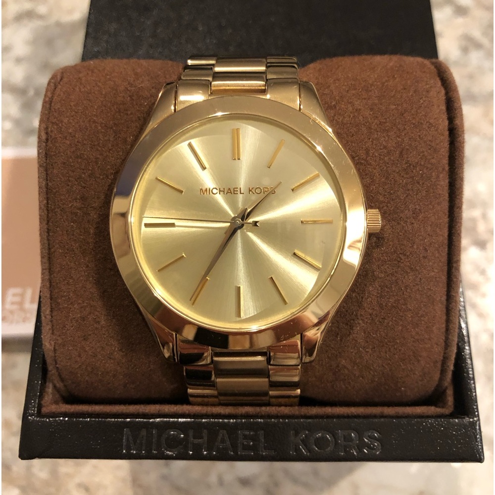 Michael Kors Unisex Slim Runway Gold-Tone Stainless Steel Bracelet Watch 42mm